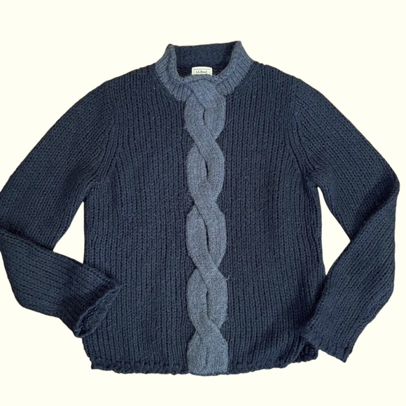 LL Bean Mohair/Wool Black/Gray Cable Knit Sweater Sz M - Picture 1 of 6